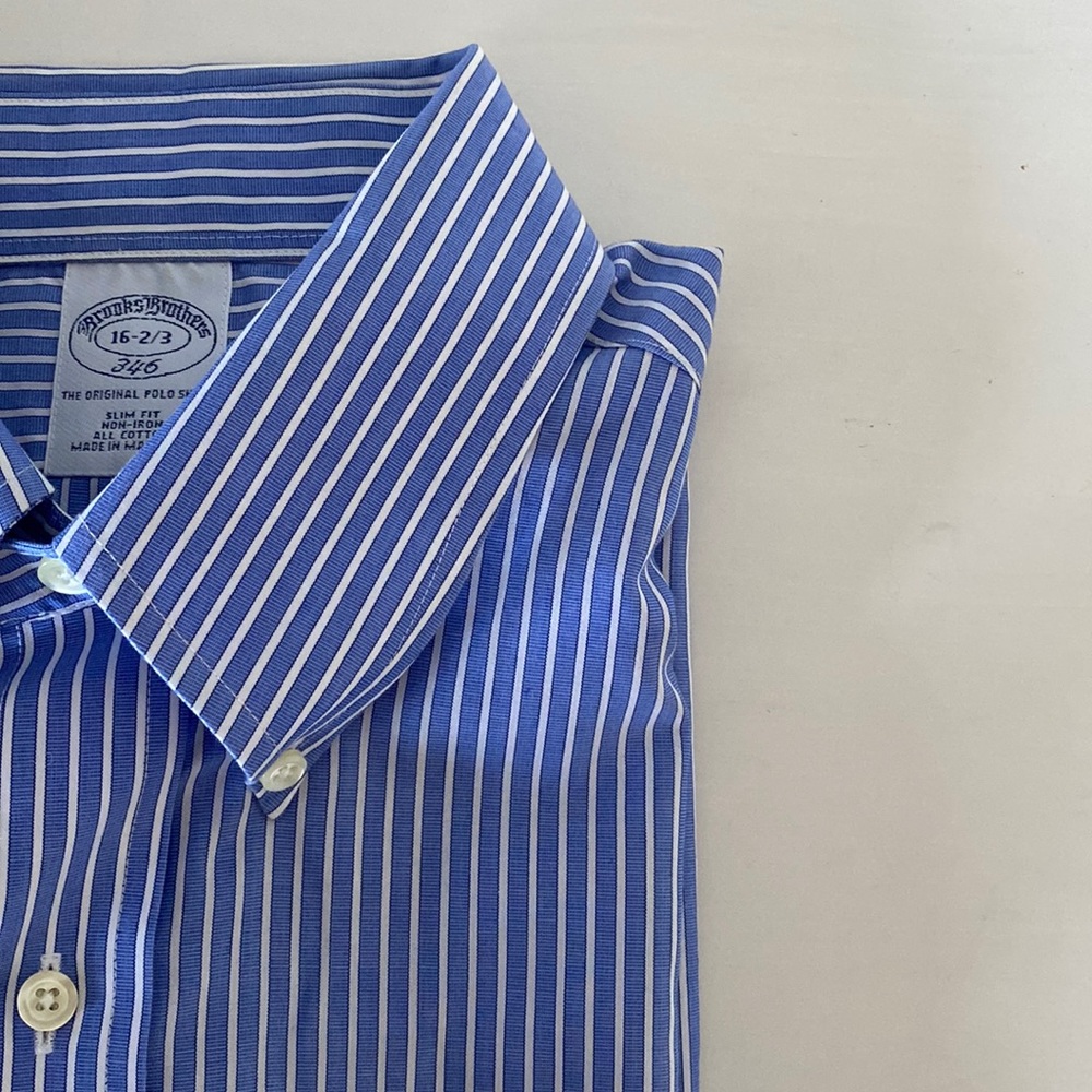 Brooks Brothers - Mens Blue & White Striped Slim Fit Dress Shirt